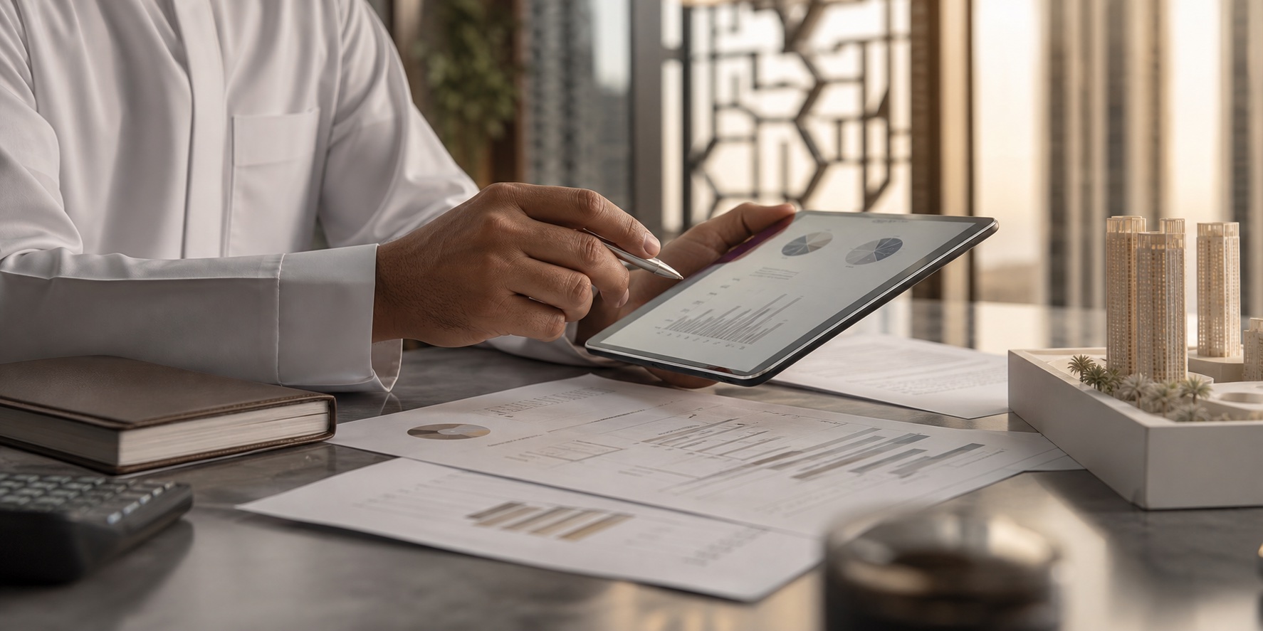 Executive desk with charts and advisory material